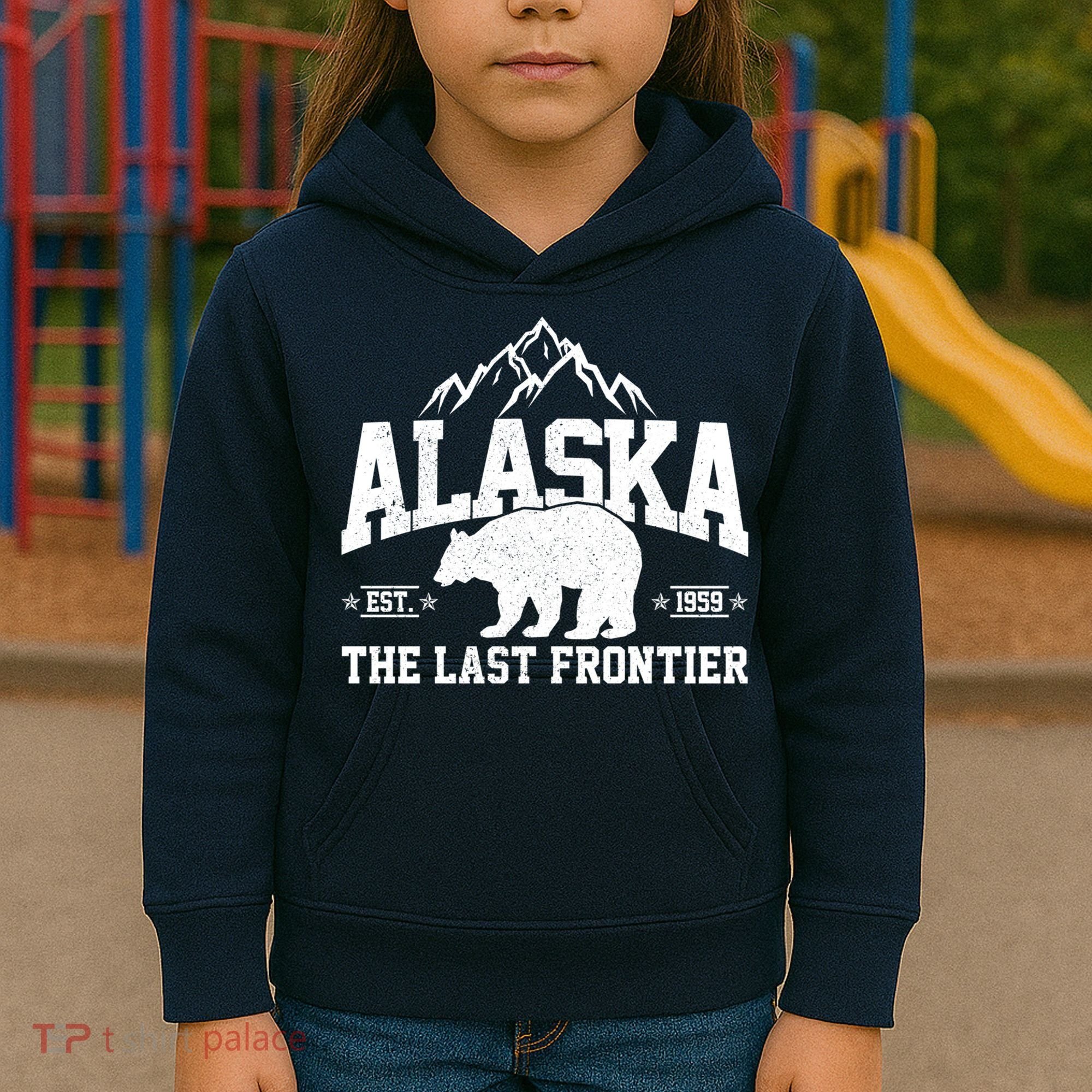 Alaska The Last Frontier EST 1959 Grizzly Bear Mountains Kids Hoodie
