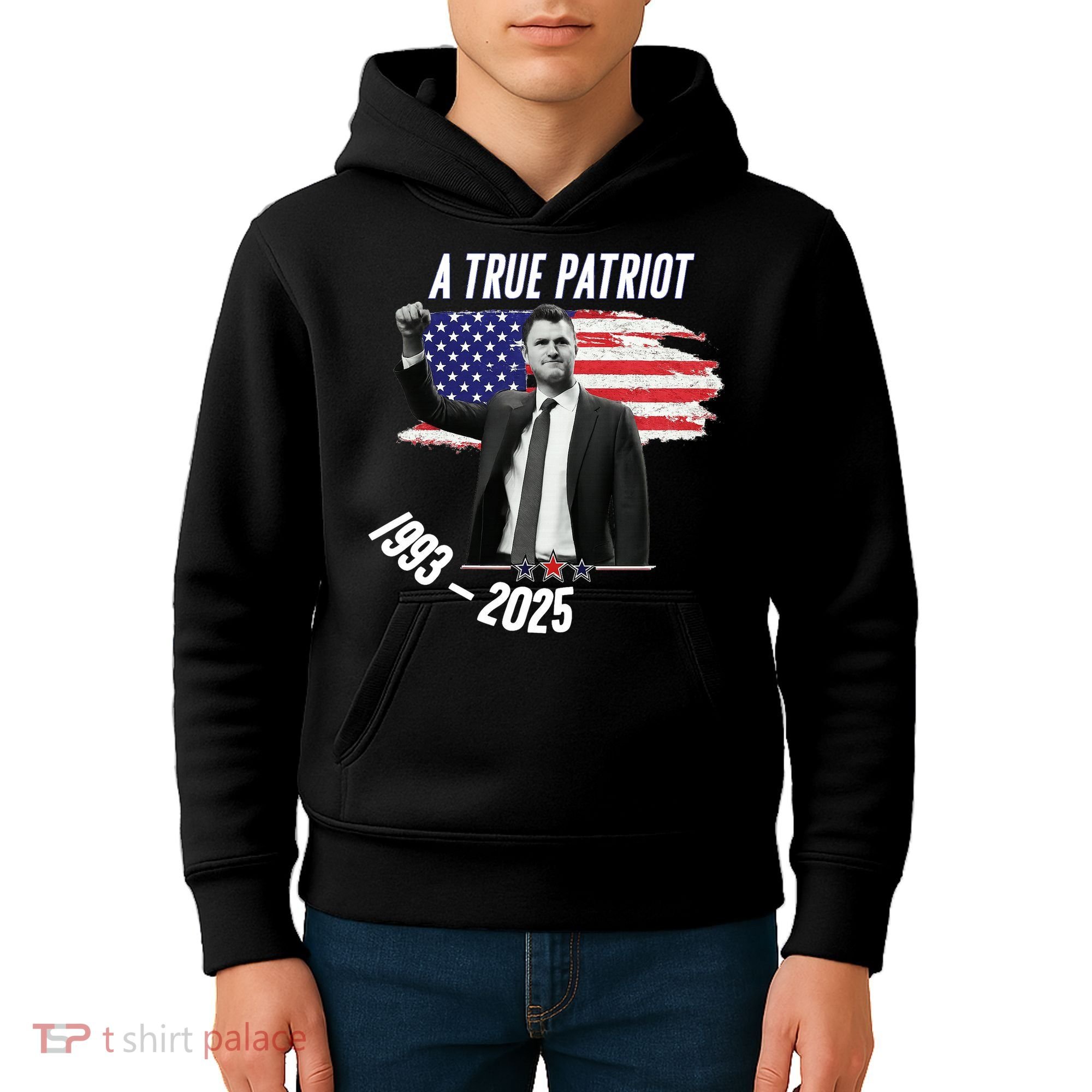 A True Patriot Charlie Kirk 1993-2025 Memoral Kids Hoodie