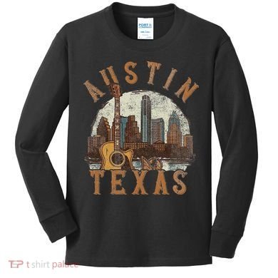 Austin Texas Tx Guitar Skyline Kids Long Sleeve Shirt