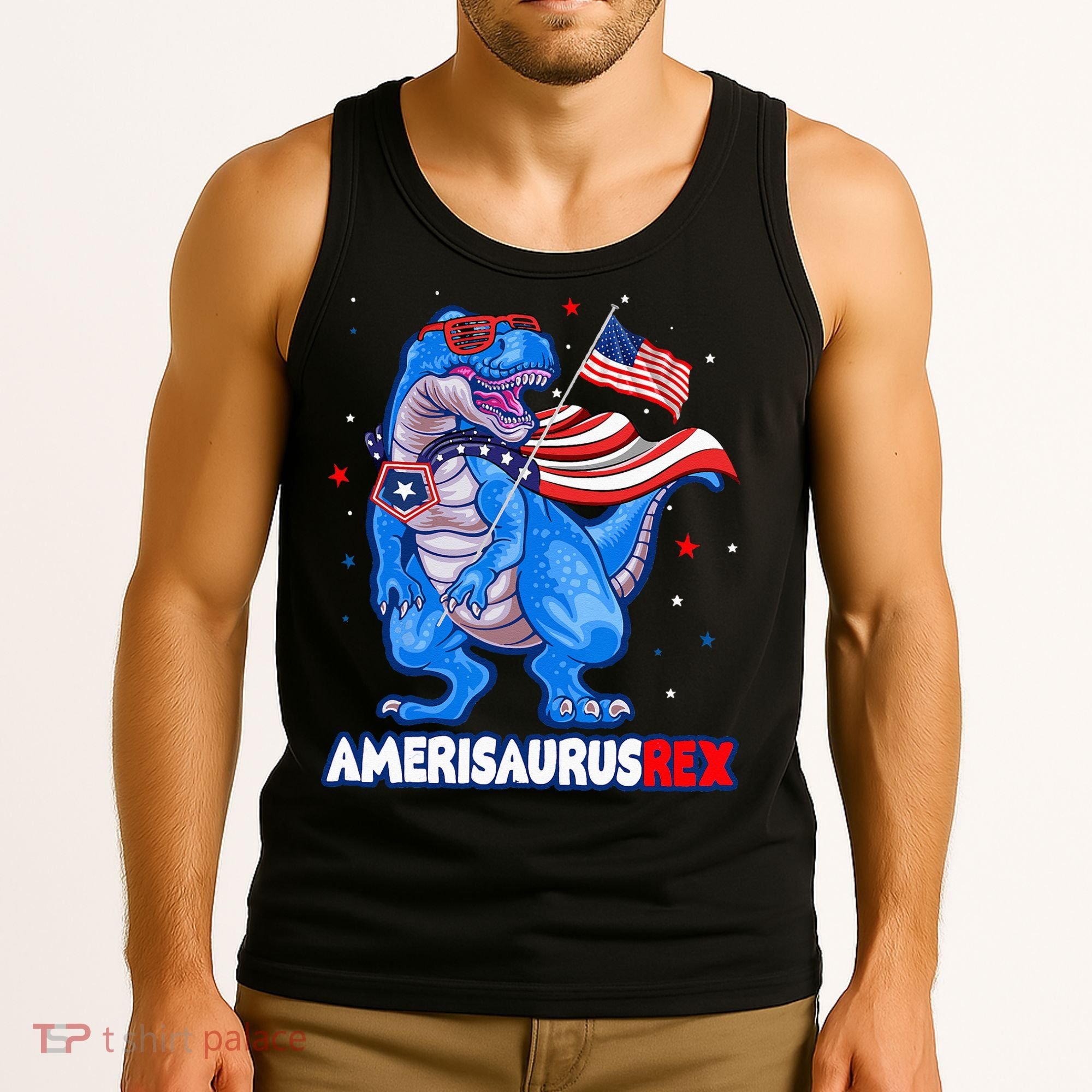 Amerisaurus Trex USA Flag Funny 4th Of July Dinosaur Tank Top