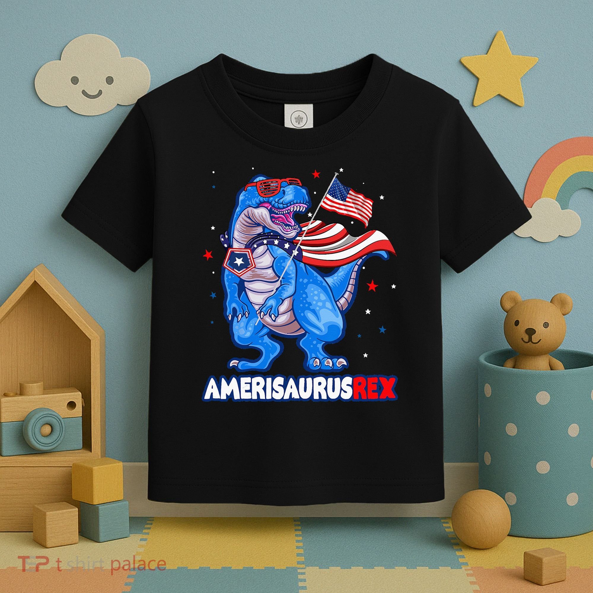 Amerisaurus Trex USA Flag Funny 4th Of July Dinosaur Toddler T-Shirt