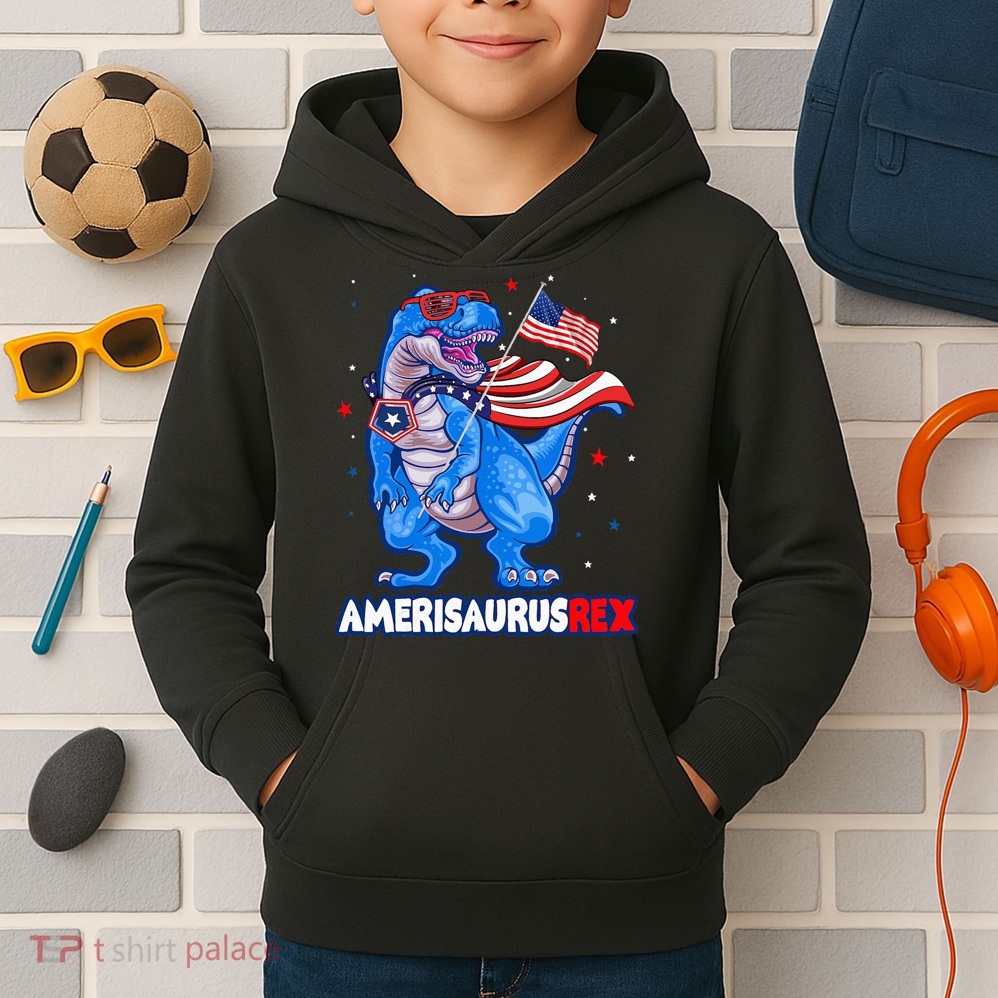 Amerisaurus Trex USA Flag Funny 4th Of July Dinosaur Kids Hoodie