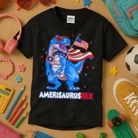 Amerisaurus Trex USA Flag Funny 4th Of July Dinosaur Kids T-Shirt thumb 3