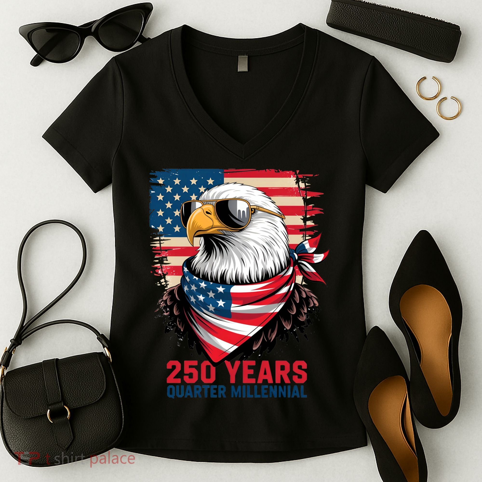 America USA 250 Years Quarter Millennial Eagle Women's V-Neck T-Shirt