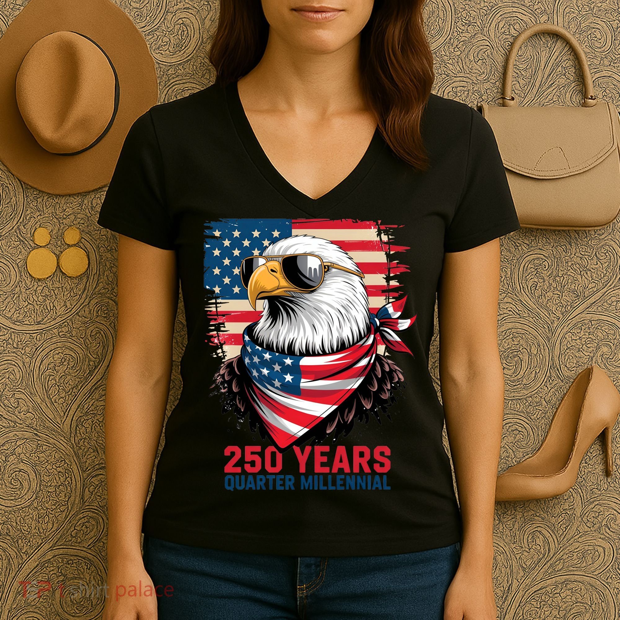 America USA 250 Years Quarter Millennial Eagle Women's V-Neck T-Shirt
