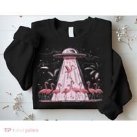Alien Ufo Abducting Flamingos Funny Women Sweatshirt thumb 2