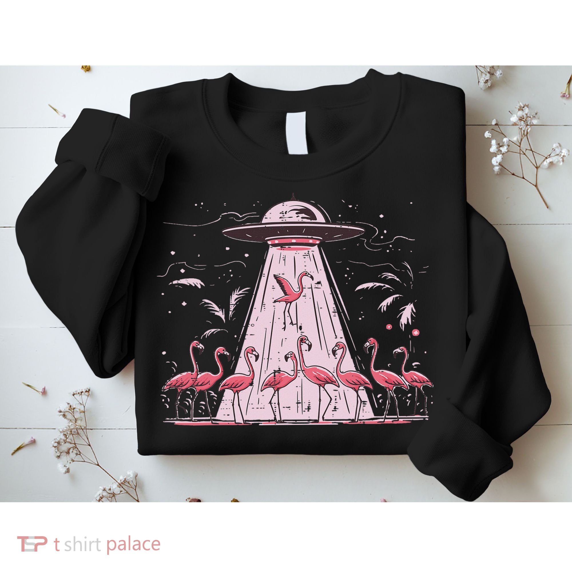 Alien Ufo Abducting Flamingos Funny Women Sweatshirt