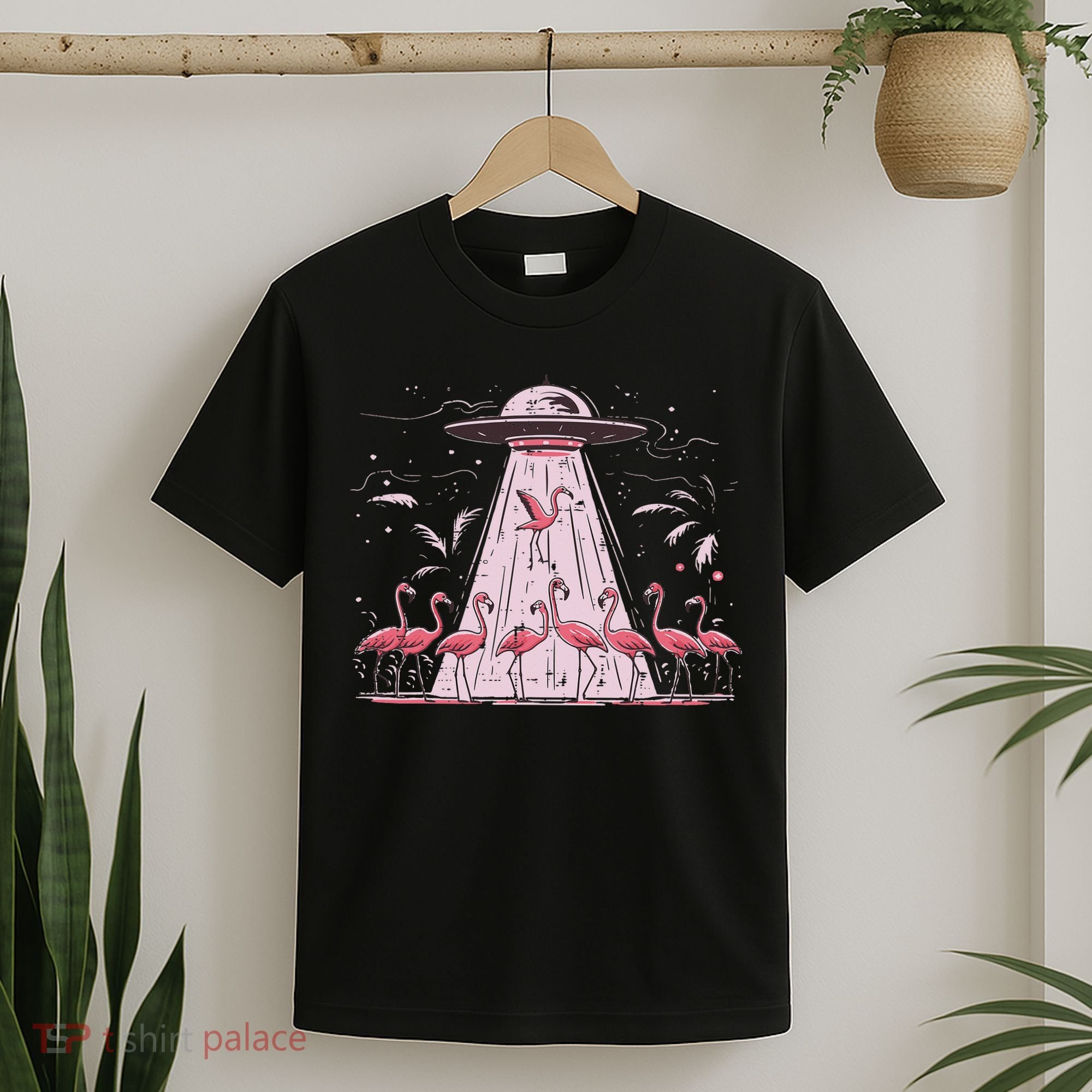 Alien Ufo Abducting Flamingos Funny Women T-Shirt