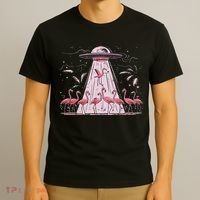 Alien Ufo Abducting Flamingos Funny Women T-Shirt thumb 3