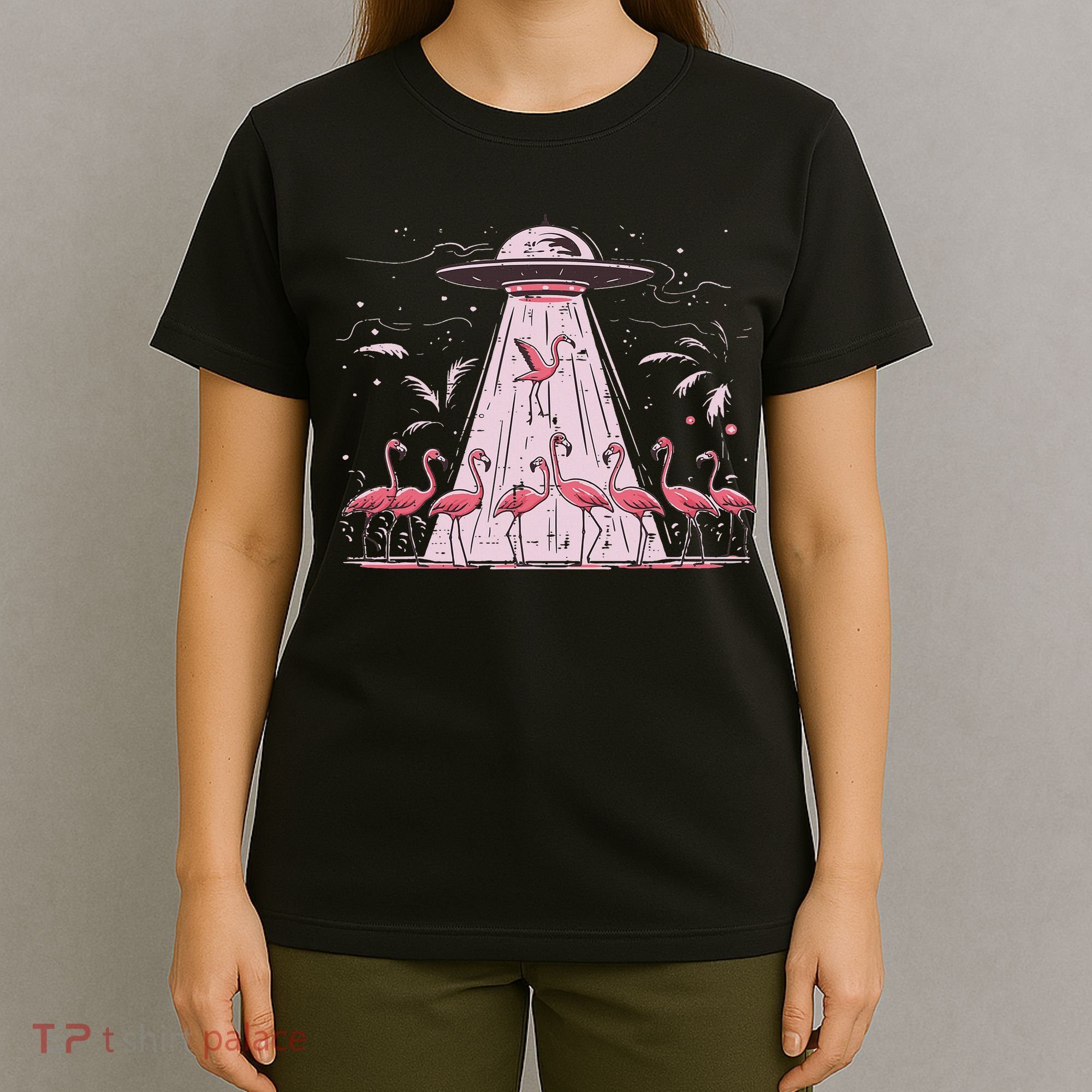 Alien Ufo Abducting Flamingos Funny Women T-Shirt