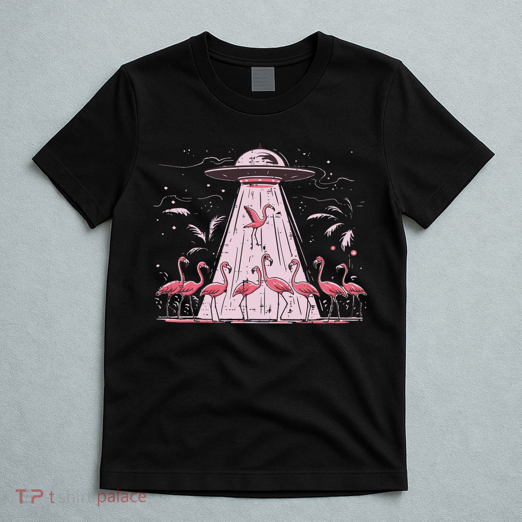 Alien Ufo Abducting Flamingos Funny Women T-Shirt