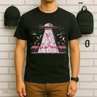 Alien Ufo Abducting Flamingos Funny Women T-Shirt thumb 6