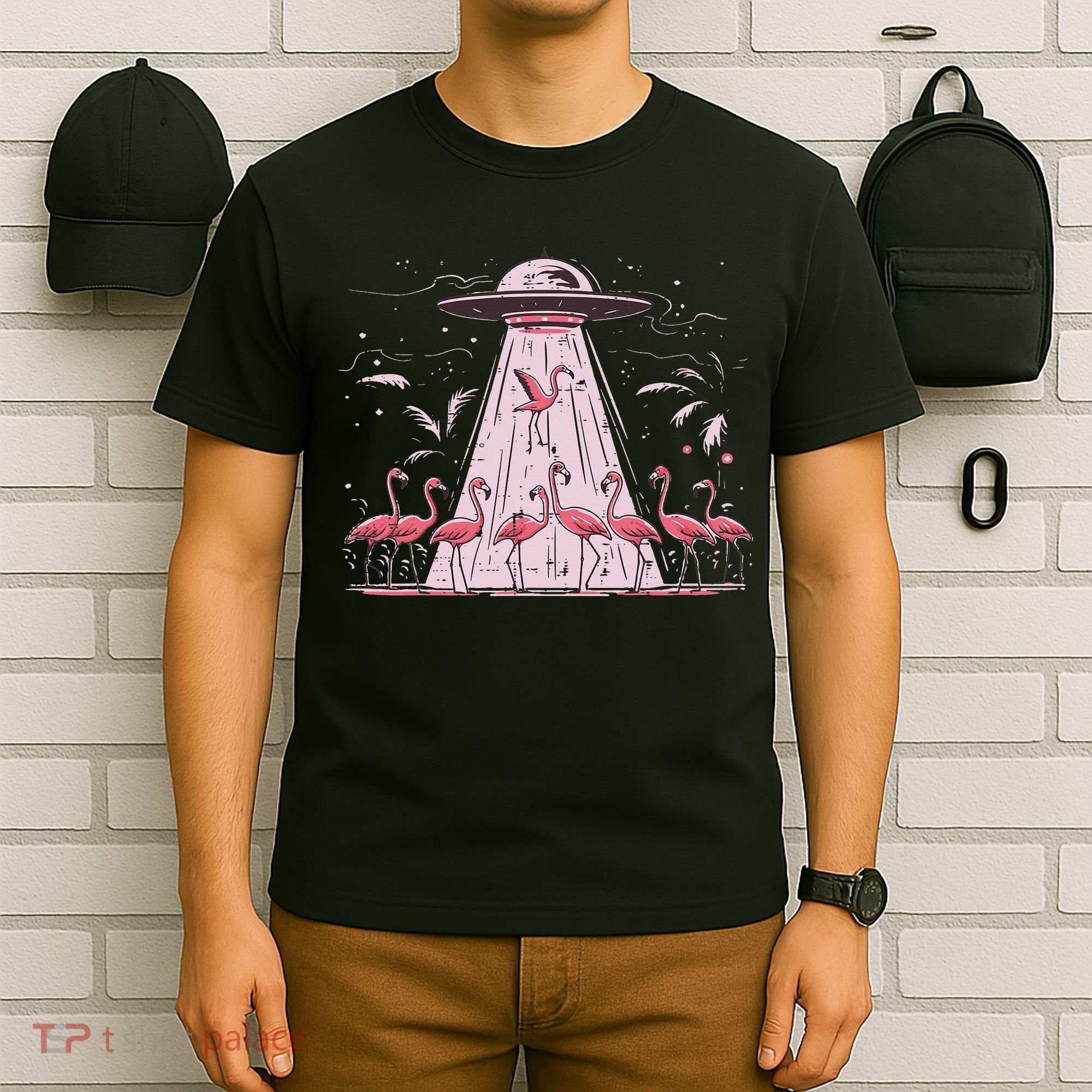 Alien Ufo Abducting Flamingos Funny Women T-Shirt