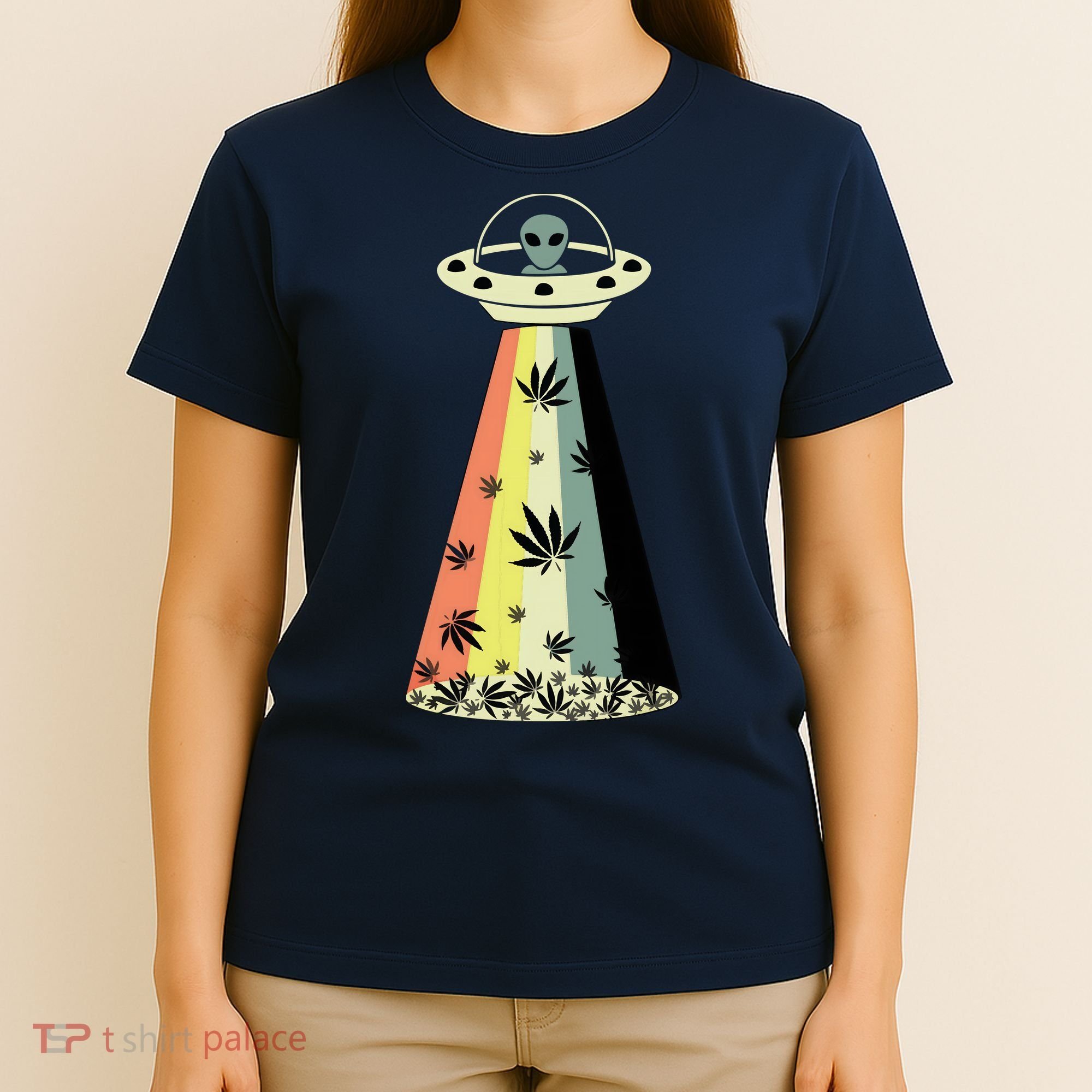 Alien UFO Abduction Weed Cannabis Marijuana Leaf Funny T-Shirt