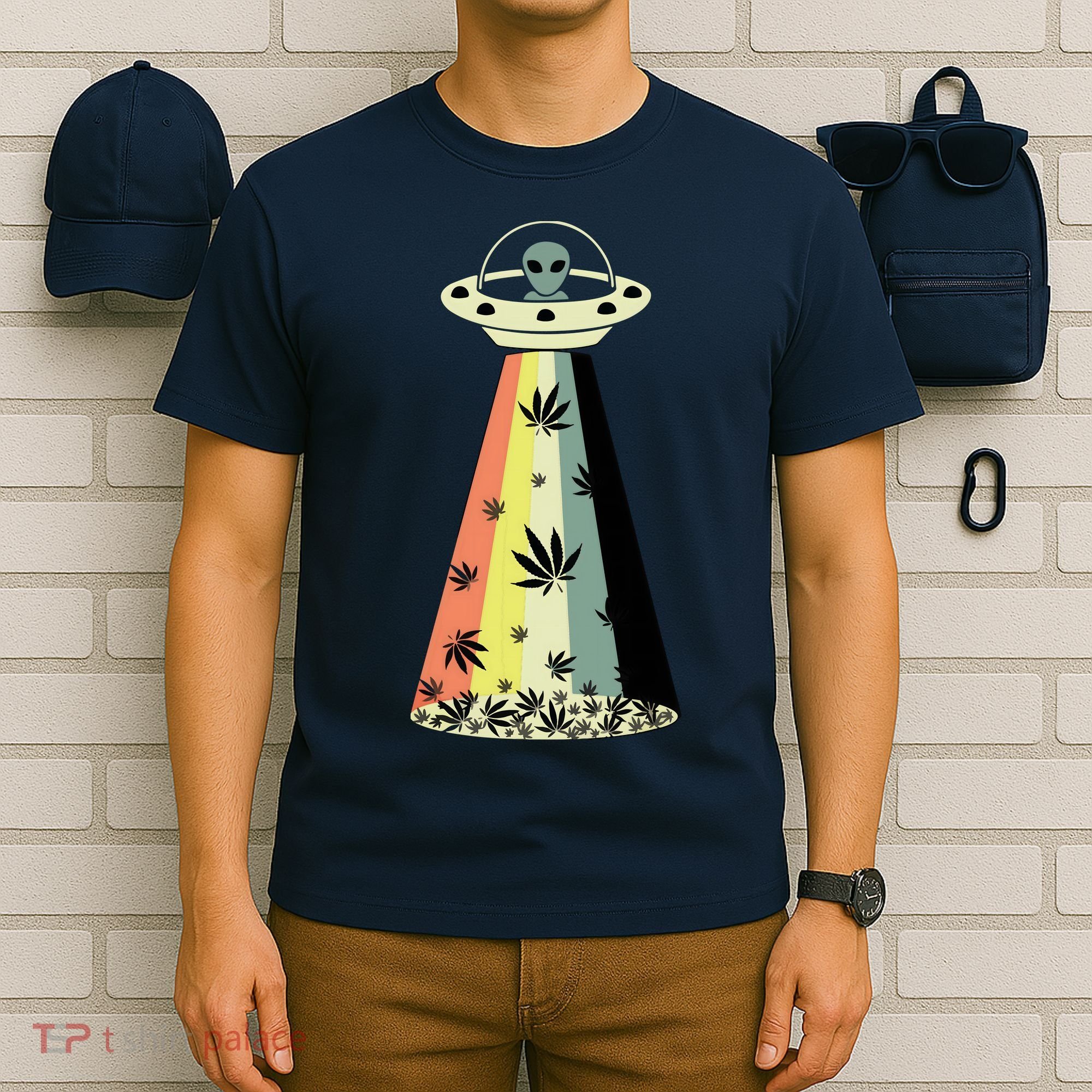 Alien UFO Abduction Weed Cannabis Marijuana Leaf Funny T-Shirt