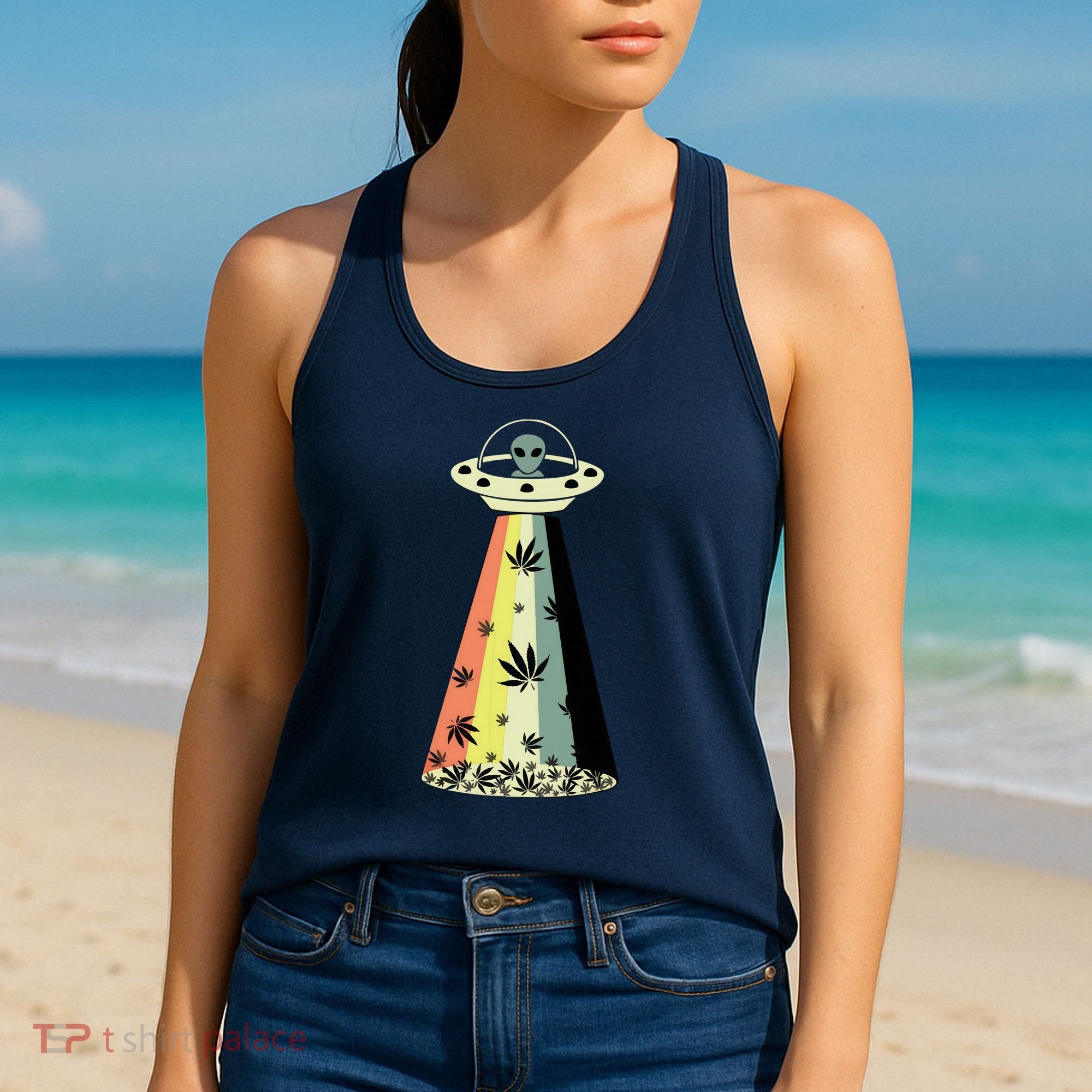 Alien UFO Abduction Weed Cannabis Marijuana Leaf Funny Women's Tank Top