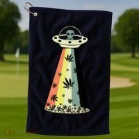 Alien UFO Abduction Weed Cannabis Marijuana Leaf Funny Golf Towel thumb 1