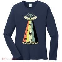 Alien UFO Abduction Weed Cannabis Marijuana Leaf Funny Women's Long Sleeve Shirt thumb 0