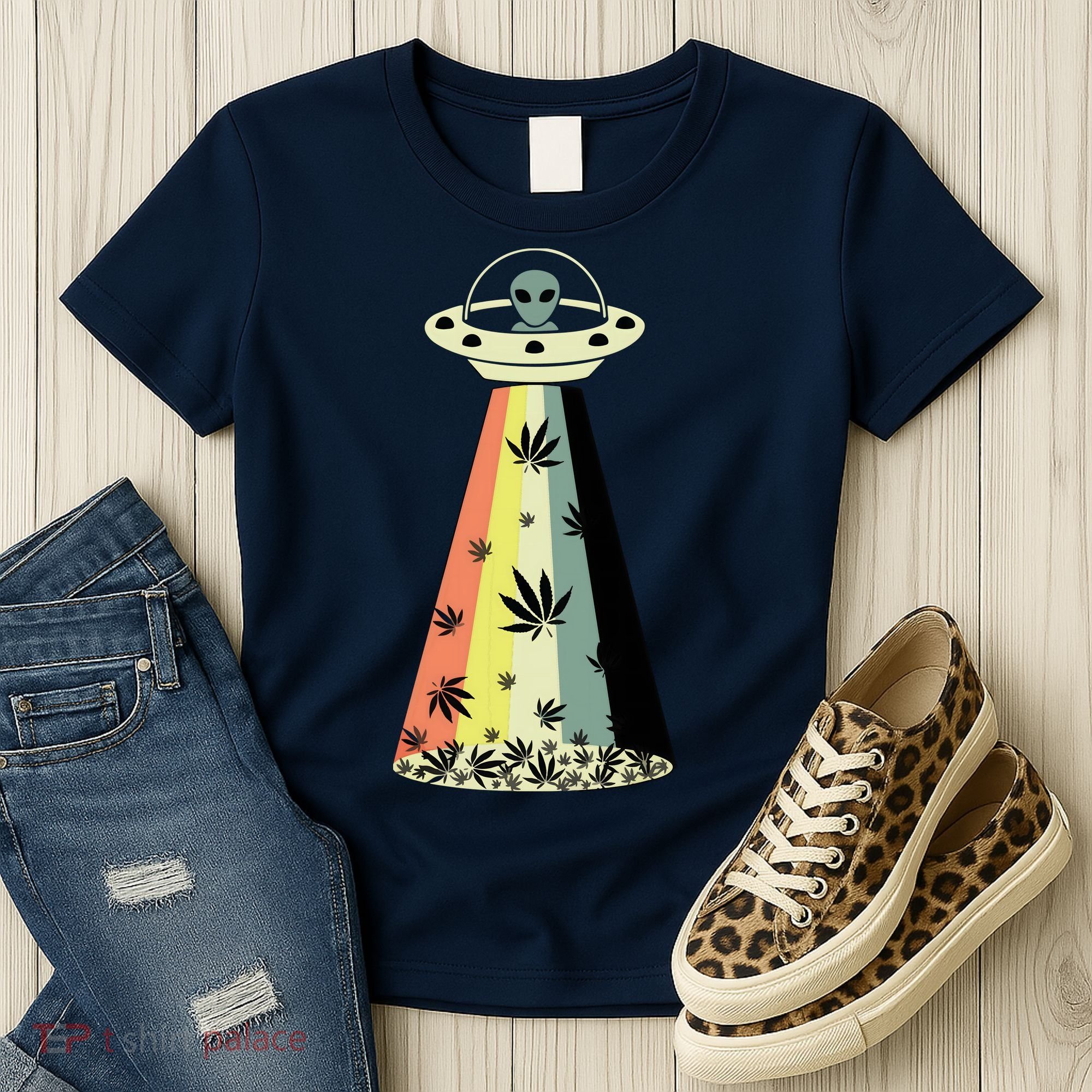 Alien UFO Abduction Weed Cannabis Marijuana Leaf Funny Women's T-Shirt
