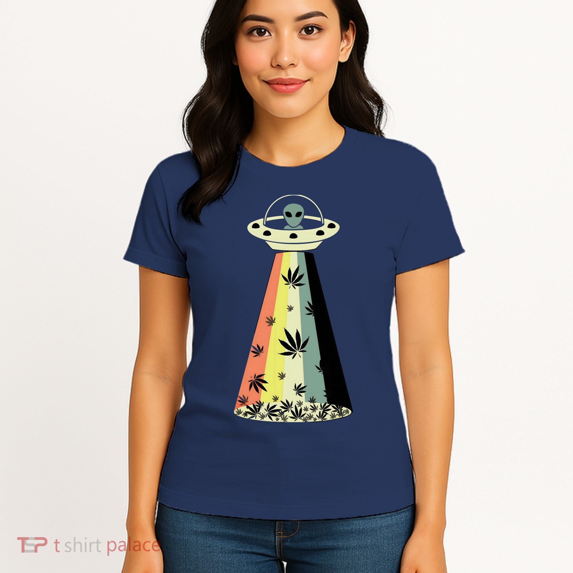 Alien UFO Abduction Weed Cannabis Marijuana Leaf Funny Women's T-Shirt