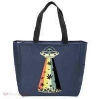 Alien UFO Abduction Weed Cannabis Marijuana Leaf Funny Tote Bag thumb 0
