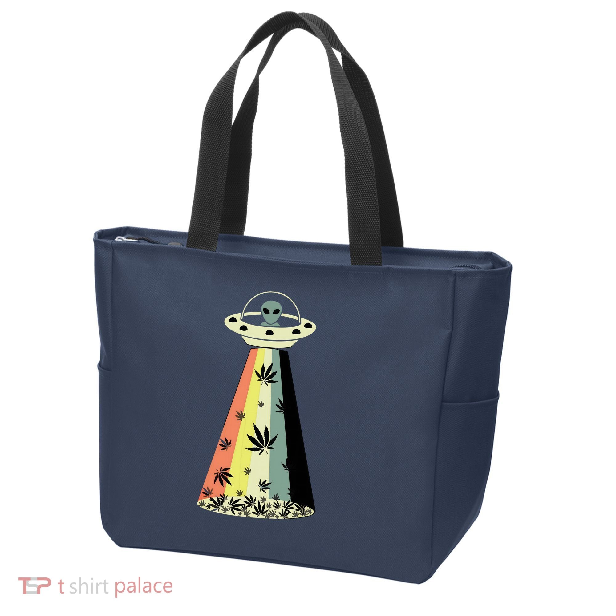 Alien UFO Abduction Weed Cannabis Marijuana Leaf Funny Tote Bag