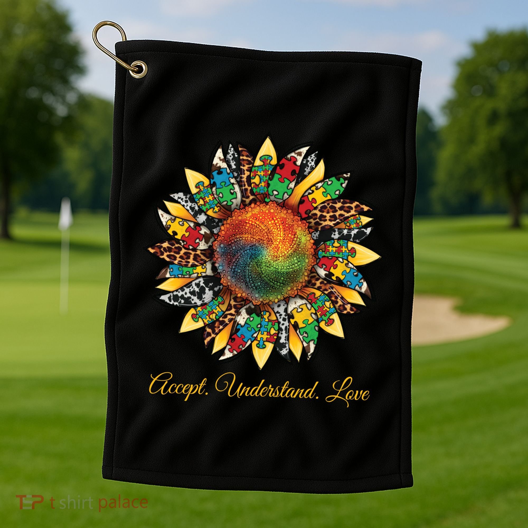 Accept Understand And Love Autism Awareness Sunflower Golf Towel