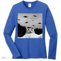 Alien UFO Funny Cat Selfie Women's Long Sleeve Shirt thumb 0