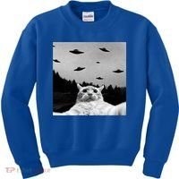 Alien UFO Funny Cat Selfie Kids Sweatshirt thumb 0