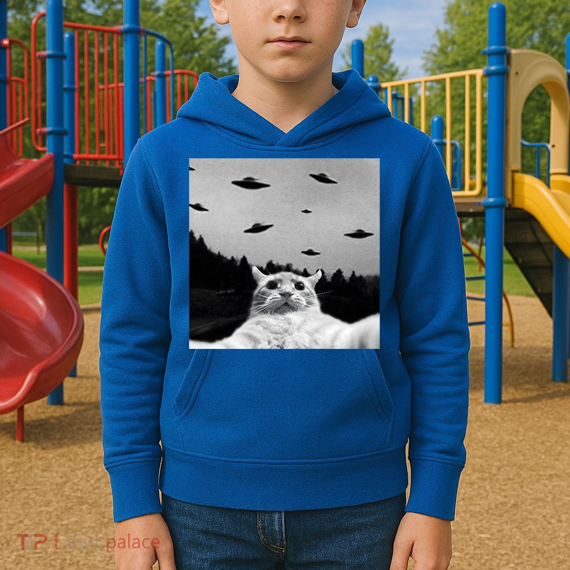Alien UFO Funny Cat Selfie Kids Hoodie