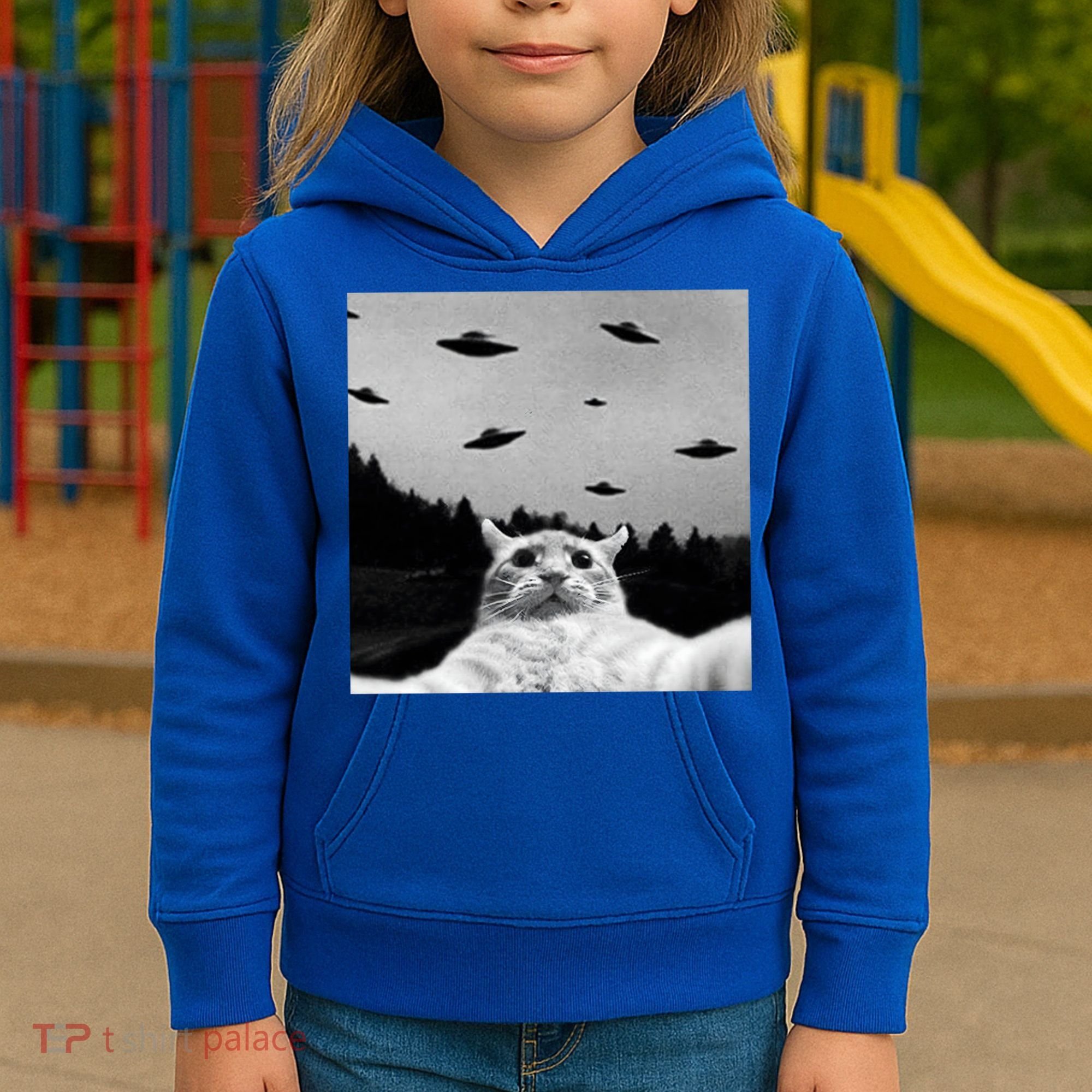 Alien UFO Funny Cat Selfie Kids Hoodie