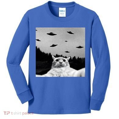 Alien UFO Funny Cat Selfie Kids Long Sleeve Shirt