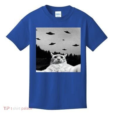 Alien UFO Funny Cat Selfie Kids T-Shirt