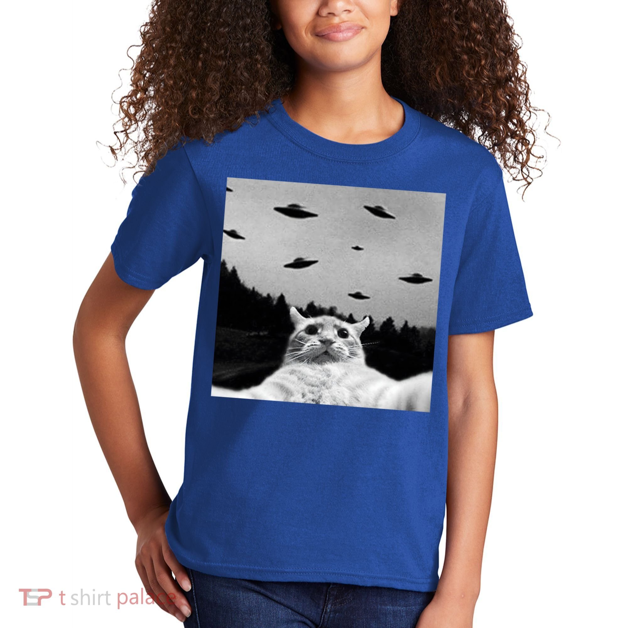 Alien UFO Funny Cat Selfie Kids T-Shirt