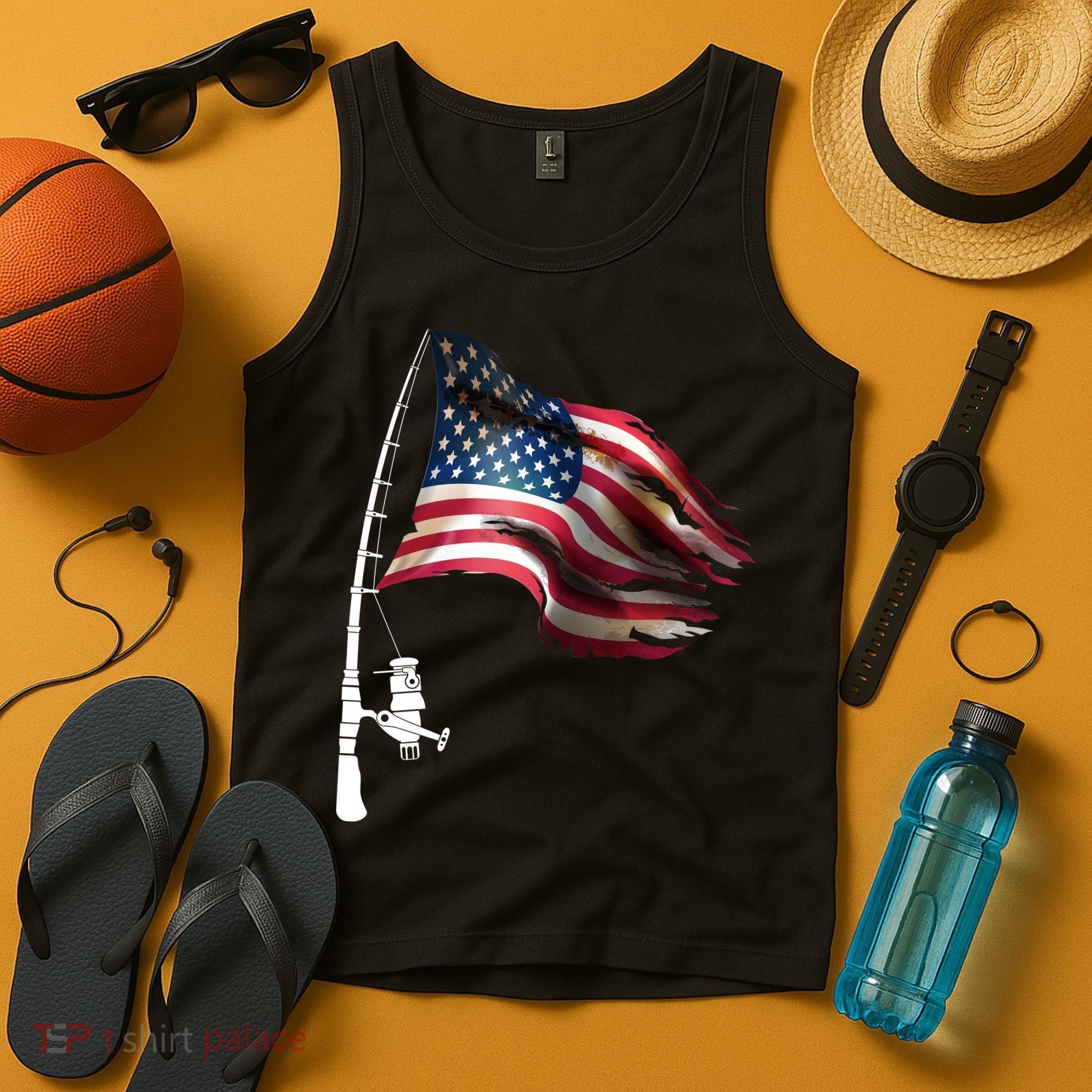 American USA Flag Fishing Pole Tank Top