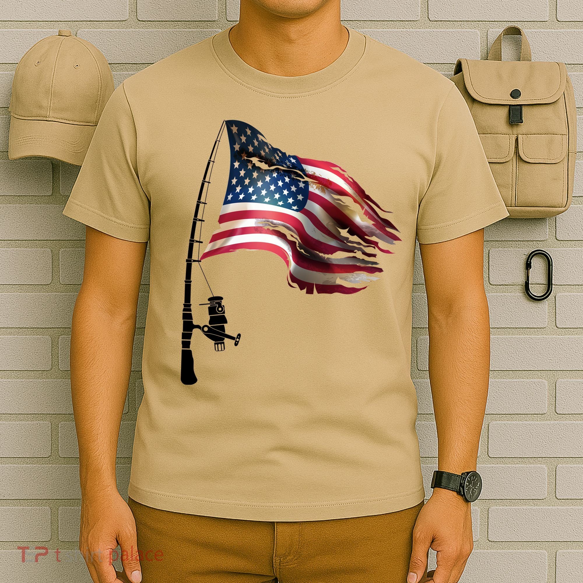 American USA Flag Fishing Pole T-Shirt