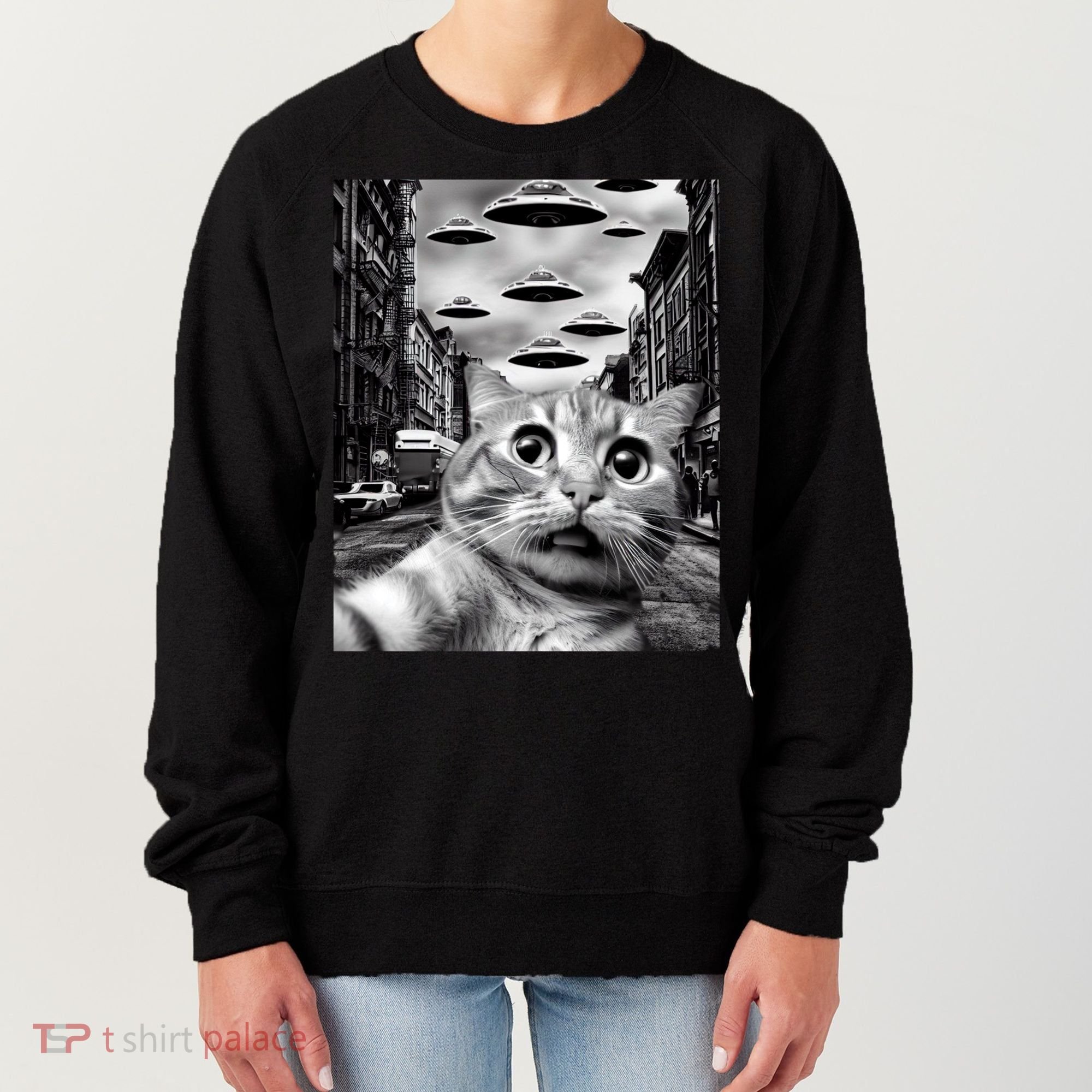 Alien UFO Funny Cat Selfie Women's Sweatshirt