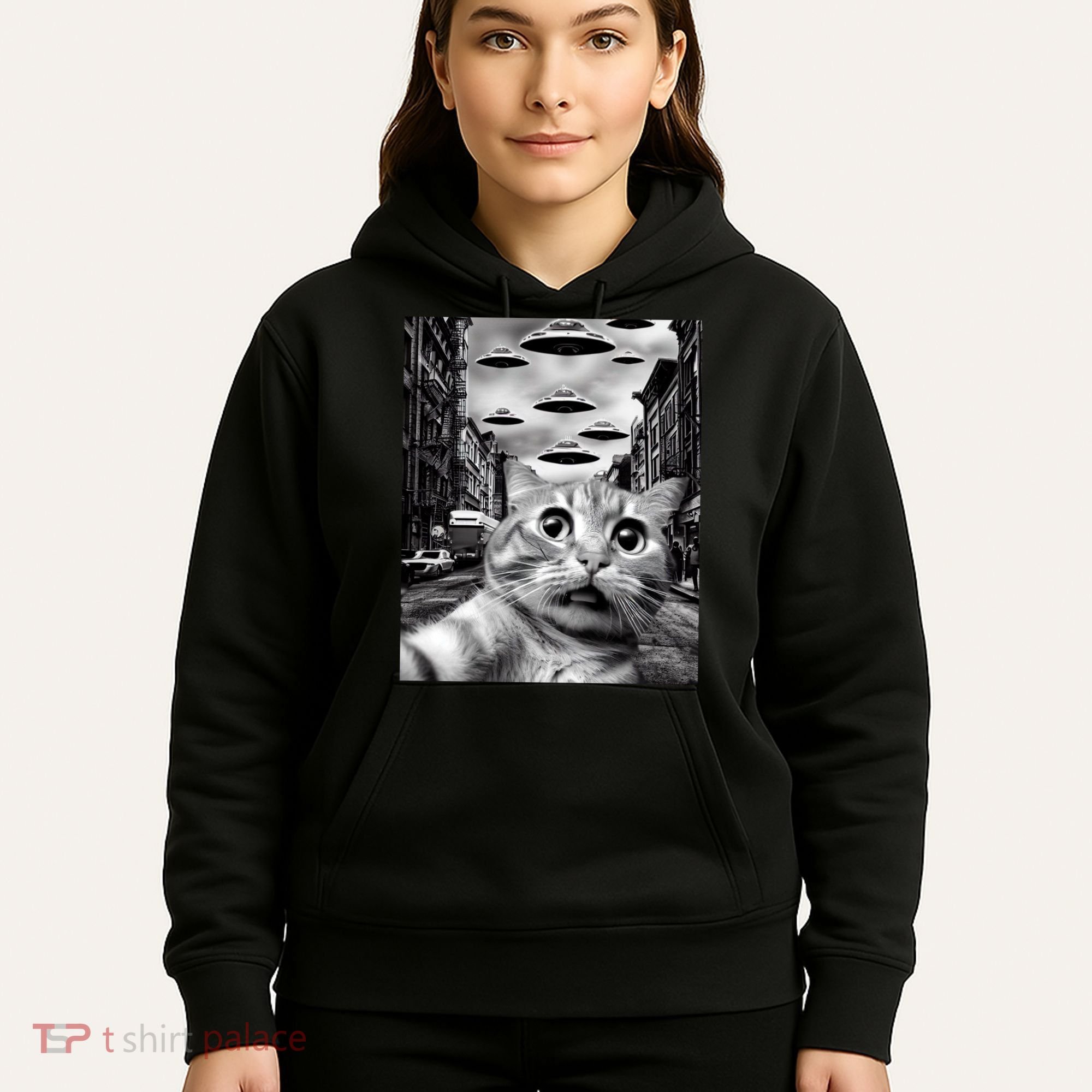 Alien UFO Funny Cat Selfie Hoodie