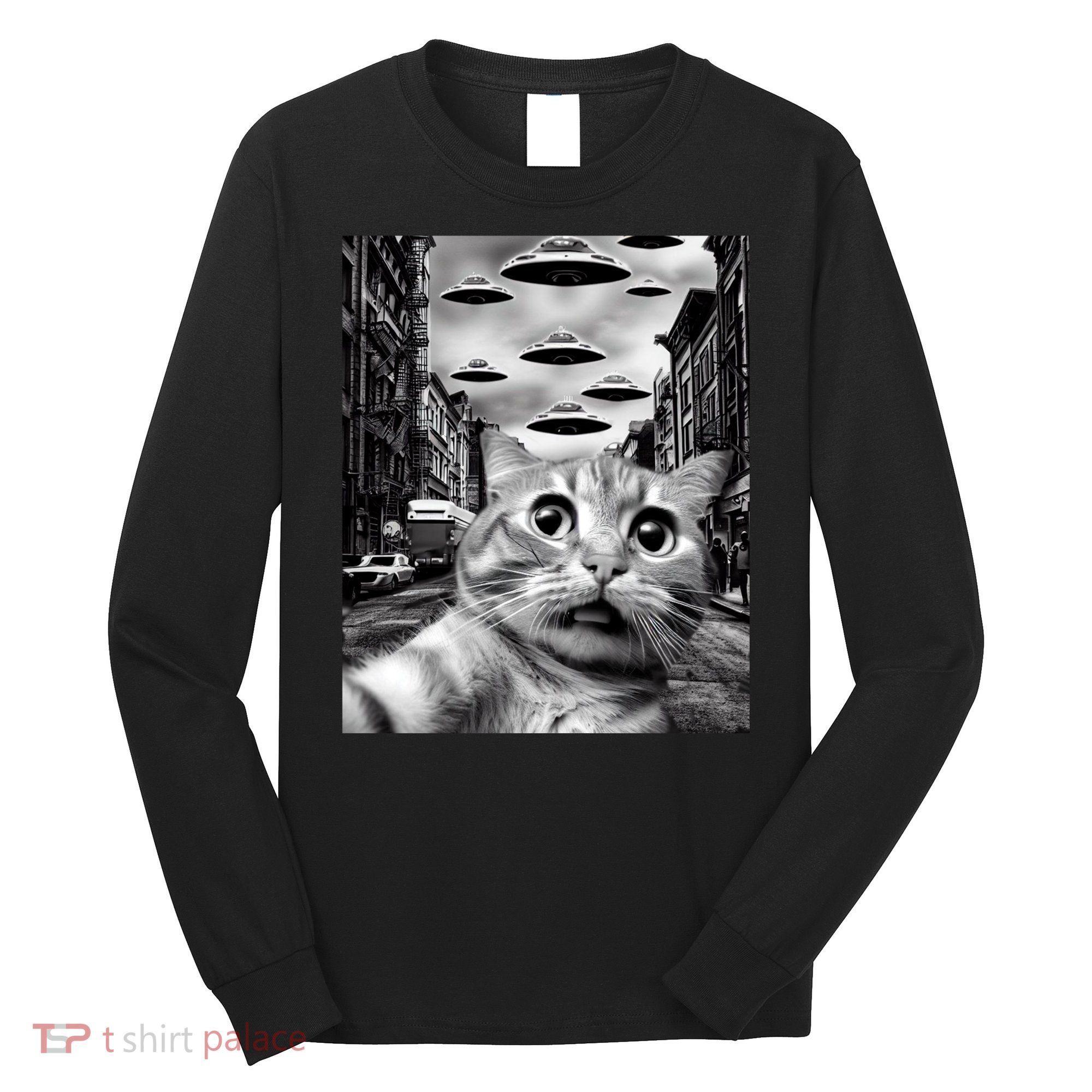 Alien UFO Funny Cat Selfie Long Sleeve Shirt