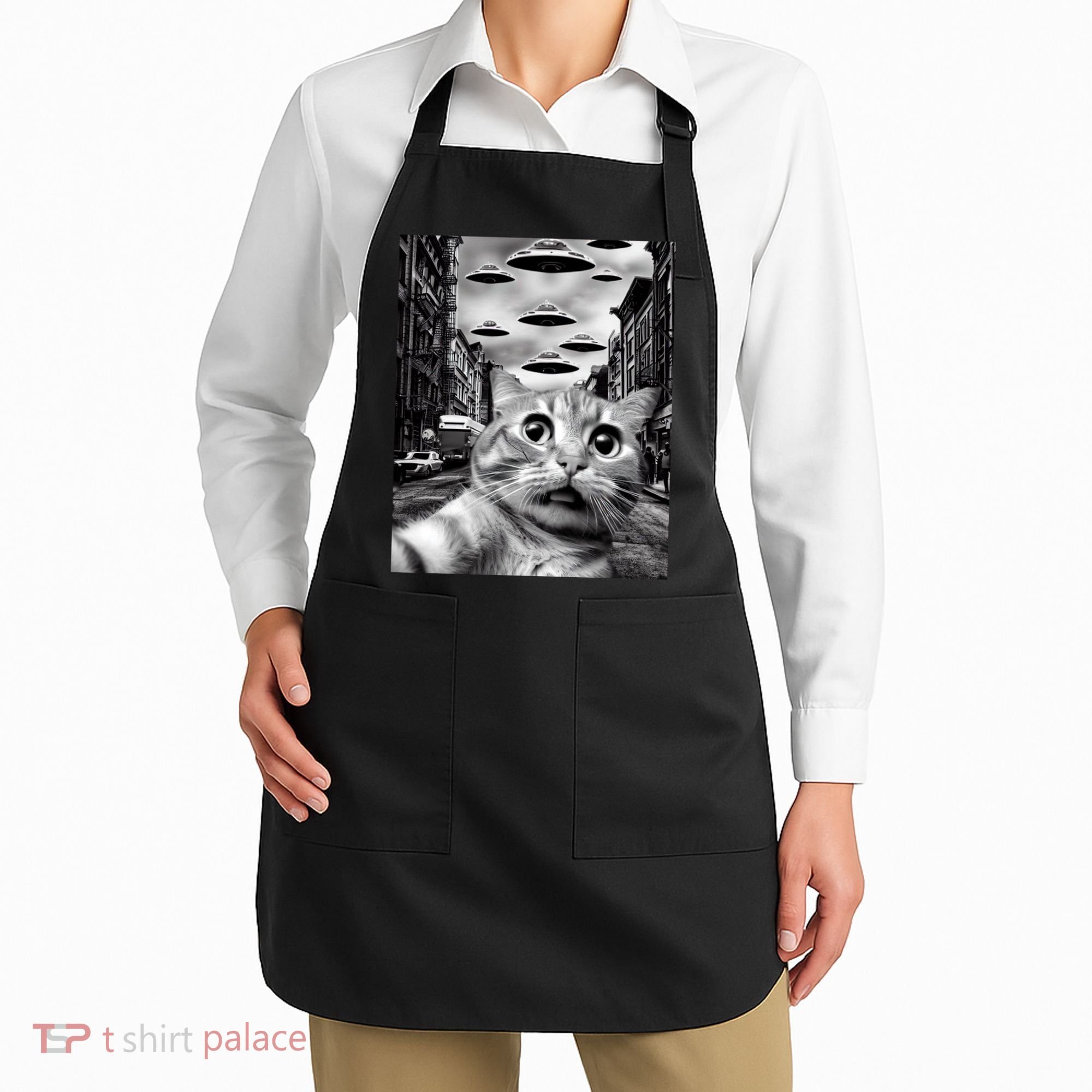 Alien UFO Funny Cat Selfie Apron