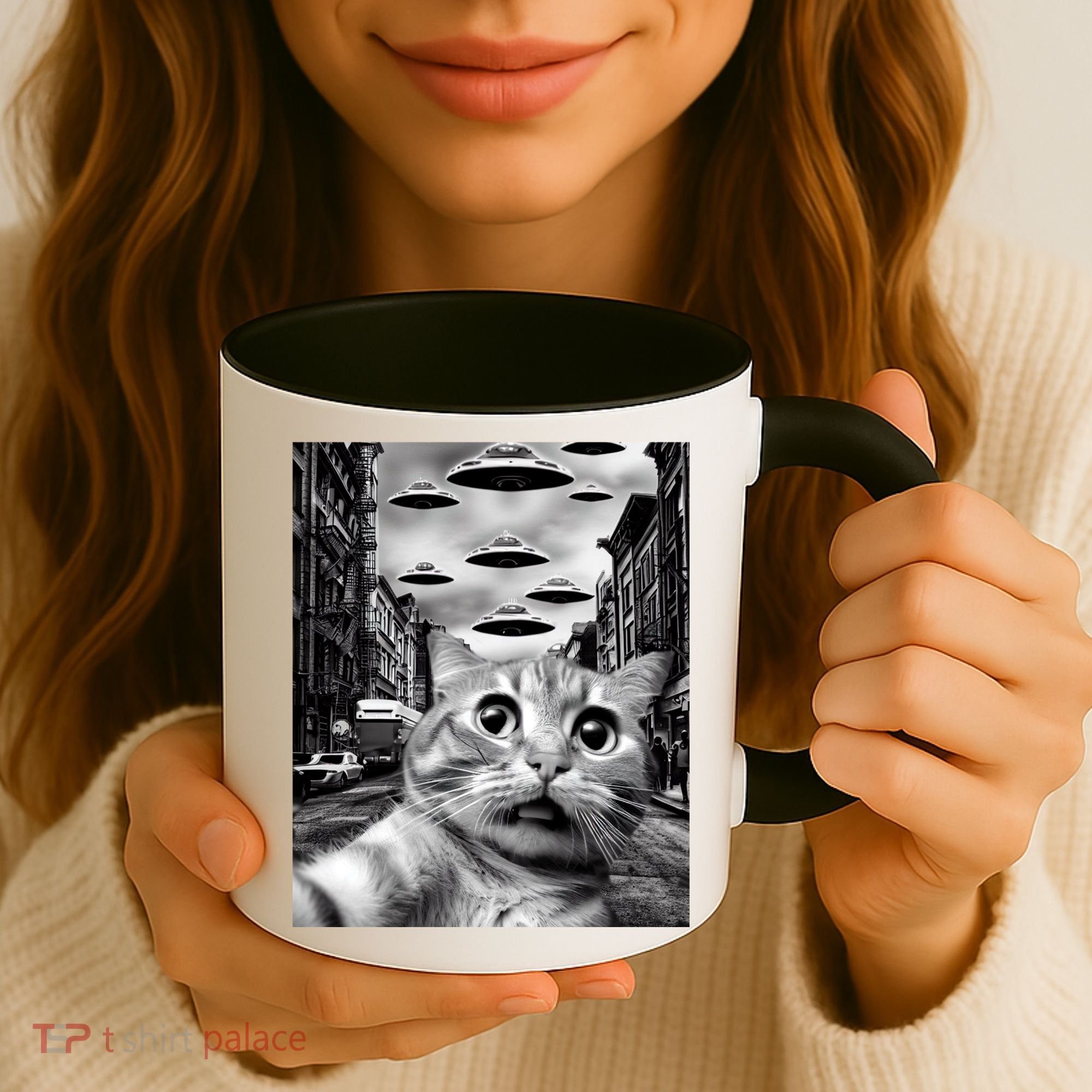 Alien UFO Funny Cat Selfie Coffee Mug