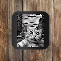 Alien UFO Funny Cat Selfie Coaster thumb 0