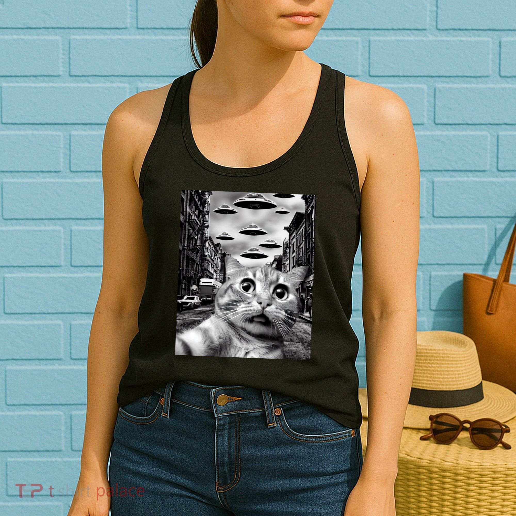 Alien UFO Funny Cat Selfie Women's Tank Top