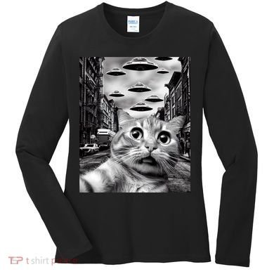 Alien UFO Funny Cat Selfie Women's Long Sleeve Shirt