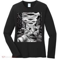 Alien UFO Funny Cat Selfie Women's Long Sleeve Shirt thumb 0