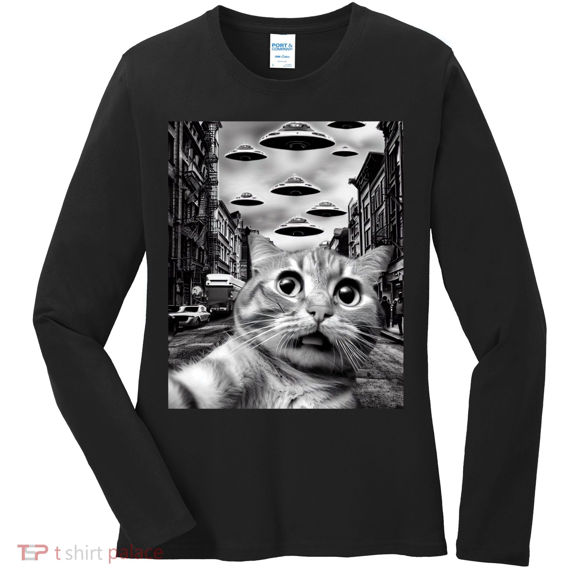 Alien UFO Funny Cat Selfie Women's Long Sleeve Shirt