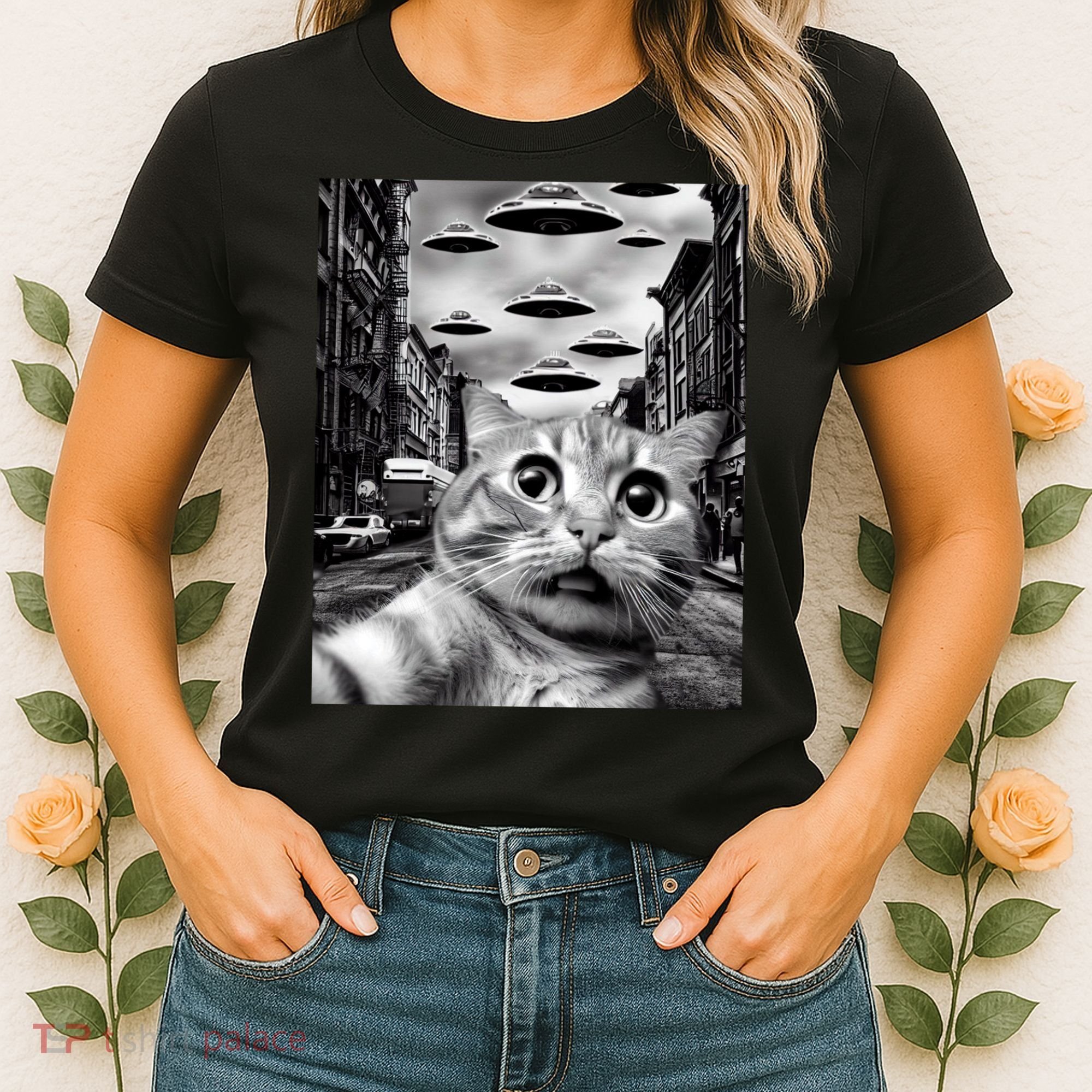 Alien UFO Funny Cat Selfie Women's T-Shirt
