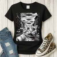 Alien UFO Funny Cat Selfie Women's T-Shirt thumb 3