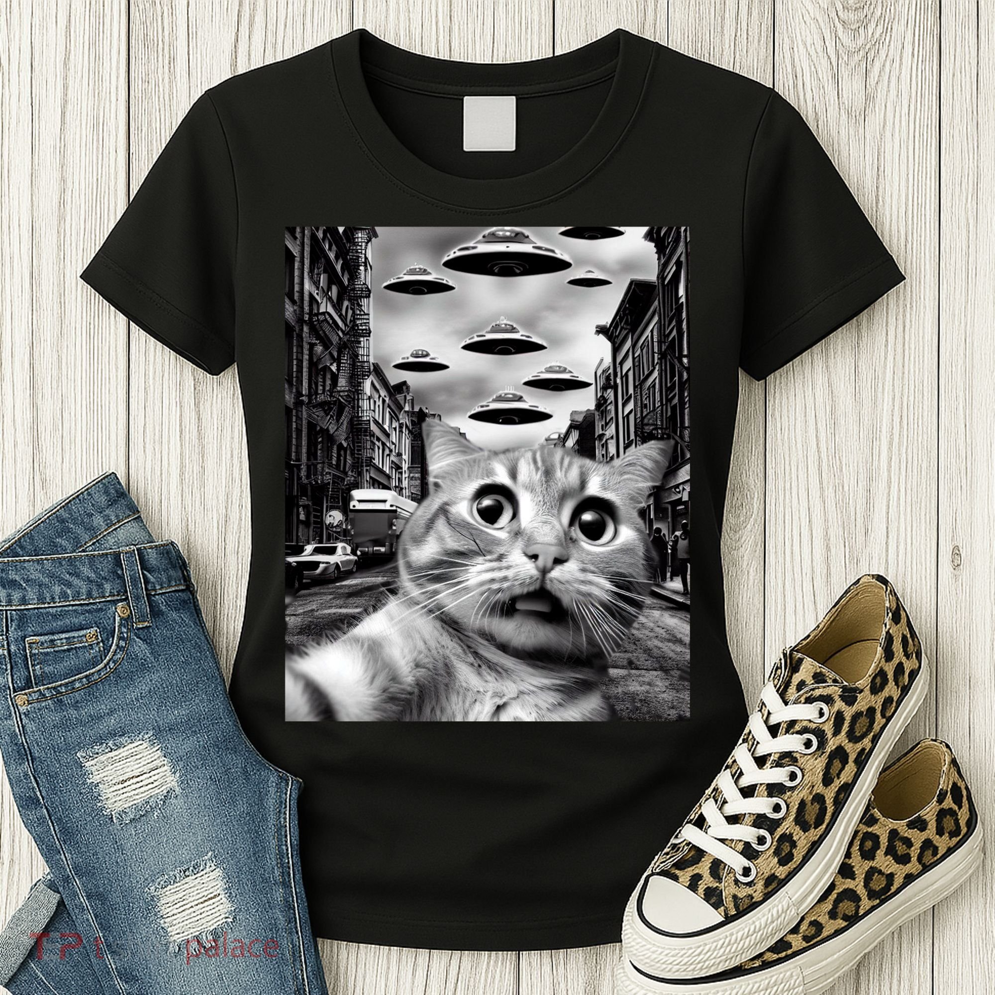 Alien UFO Funny Cat Selfie Women's T-Shirt