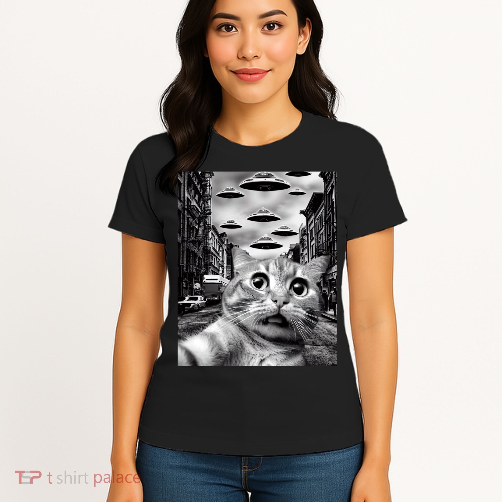 Alien UFO Funny Cat Selfie Women's T-Shirt
